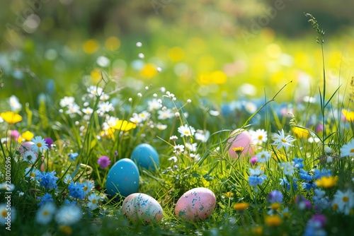 Serene Easter Egg Hunt in Blooming Spring Field