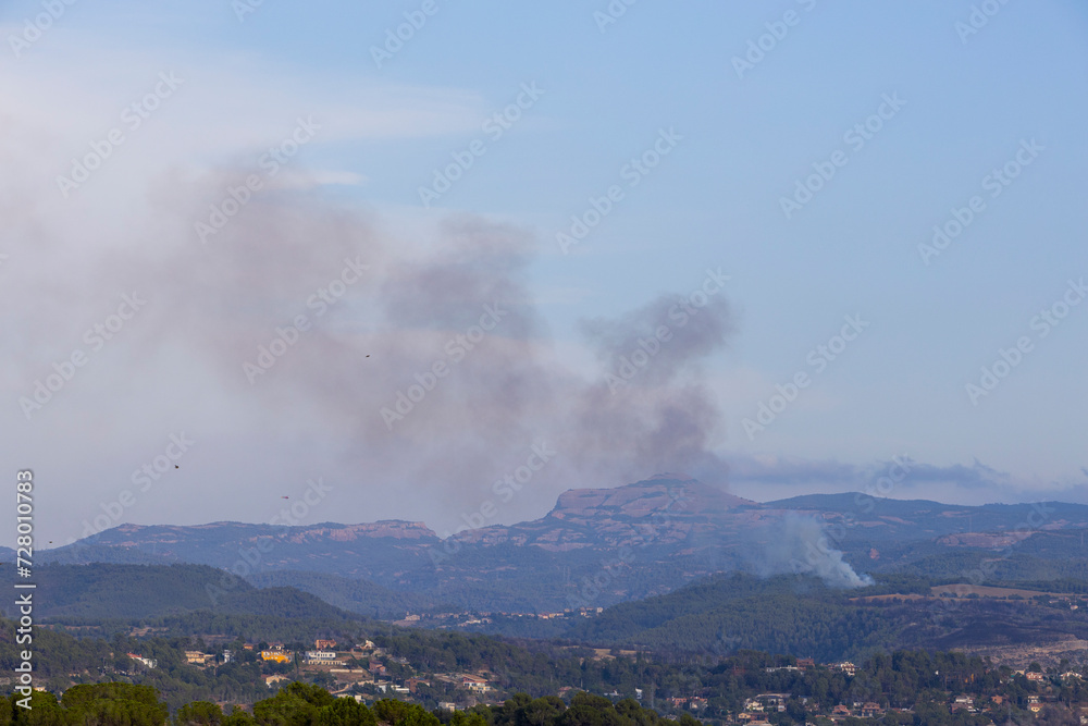 Forest fire in the Sant Llorenc del Munt Natural Park, Barcelona, Spain. August 2023