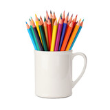 Color pencils in white ceramic cup isolated on white or transparent background