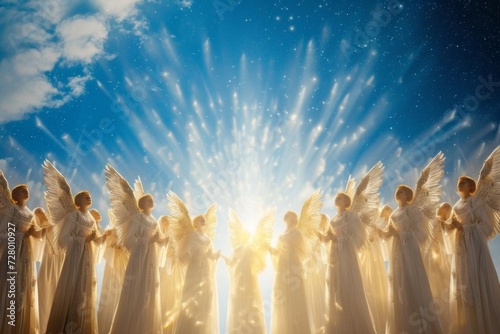Angelic choir singing praises in a heavenly realm Embodying divine harmony photo