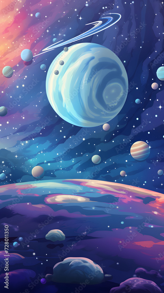 Cartoon space, outer space, illustrated space, space travel, beautiful illustration of a galaxy
