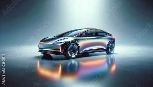 Sleek electric vehicle with late 90s style and futuristic twist, against tranquil background.