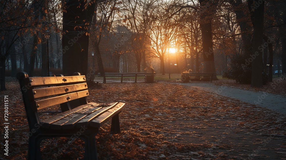 Tranquil sunset over an empty park bench amidst autumn foliage