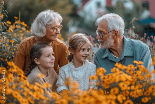 Grandparents and their grandchildren sharing a joyful moment together, surrounded by the vibrant orange flowers of autumn