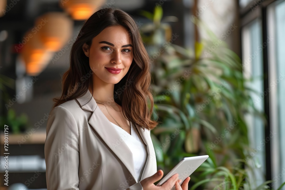 Female model in a professional business attire Holding a tablet In a modern office setting Embodying empowerment and intelligence Female model in a professional business attire Holding a tablet In a modern office setting Embodying empowerment and intelligence