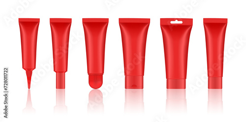 Set of red cosmetic tubes. Closed blank tubes with caps. Realistic mockup. Long nozzle tube. for ointment or salve. Gel serum. Korean packaging. Lip gloss