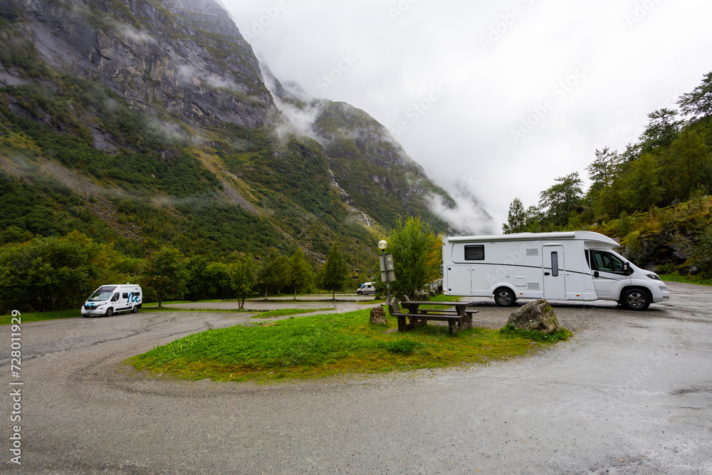 Motorhome camper in Briksdal glacier valley in south Norway, Europe. Motorhome camper in Briksdal glacier valley in south Norway, Europe.
