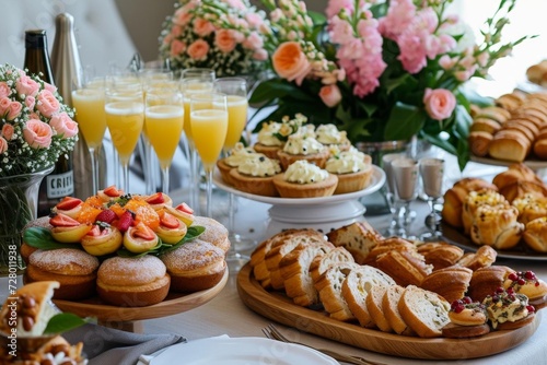 Gourmet easter brunch spread featuring a variety of dishes Pastries And a mimosa bar Elegantly presented