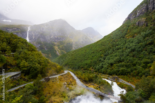 Autumn landscape in Briksdalbreen glacier valley in South Norway, Europe. photo