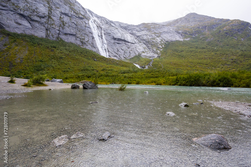 Autumn landscape in Briksdalbreen glacier valley in South Norway, Europe. photo