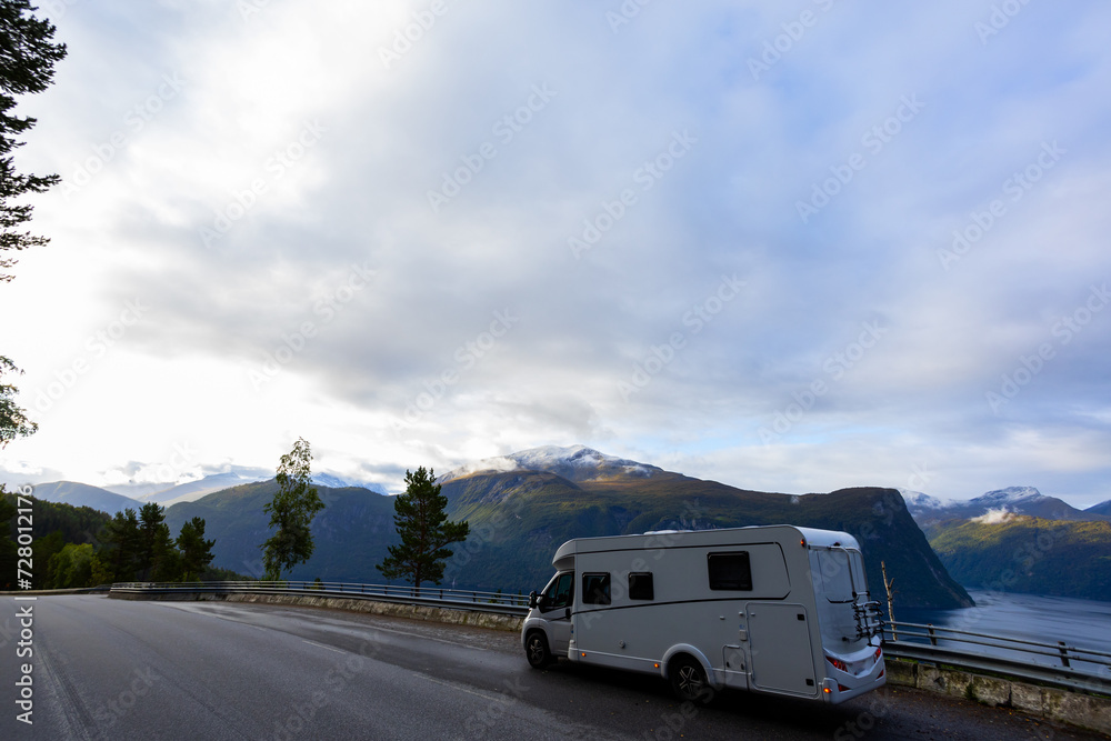 Motorhome camper in Bergen to Alesund road in south Norway, Europe