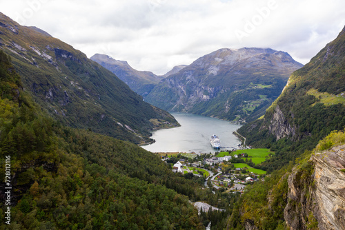 Autumn landscape in Geiranger Fiord valley in south Norway, Europe