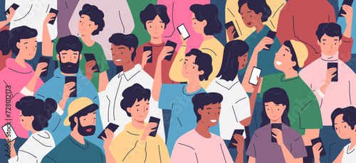 Crowd using smartphones. Many people group smartphone obsession, teens look phone screen read internet news texting, mobile network technology addiction classy vector illustration