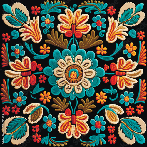 Stitching lines colorful embroidery floral seamless pattern background. Embroidered bright stitch flowers, leaves. Tapestry blossom flowers ornament. Decorative ornamental textured vector design