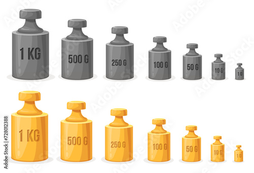 Calibration weights. Steel weight unit measurement equipment for libra scales, retro metal mass kilogram gram standard measure for scale accuracy balance, neat vector illustration
