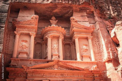 Front view The Treasury one of the most elaborate temples in Petra, an ancient city of the Nabatean Kingdom in Jordan. 