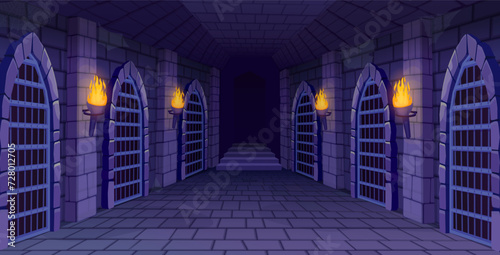 Dungeon interior. Masonry space medieval castle underground basement inside, ancient creepy house dark interior prison