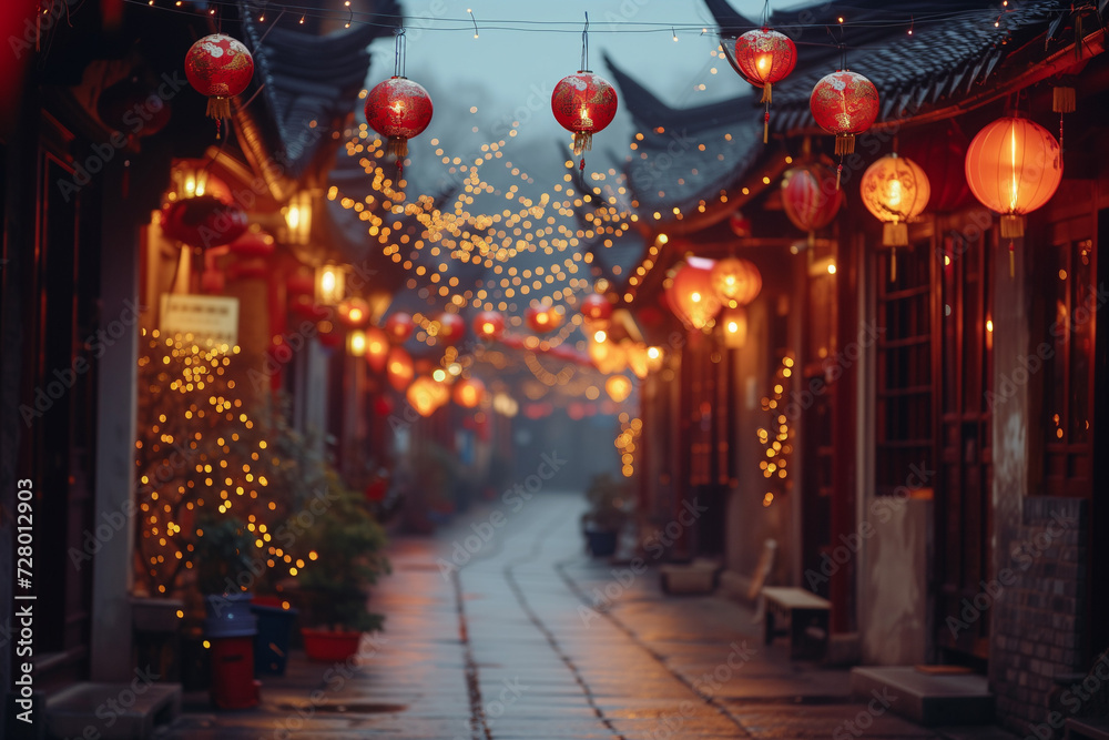 Lanterns hanging across an old chinese street