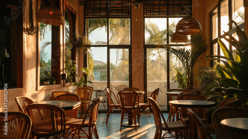 Warm Bali sunlight cafe interior with Peach Fuzz color walls, maximalist design