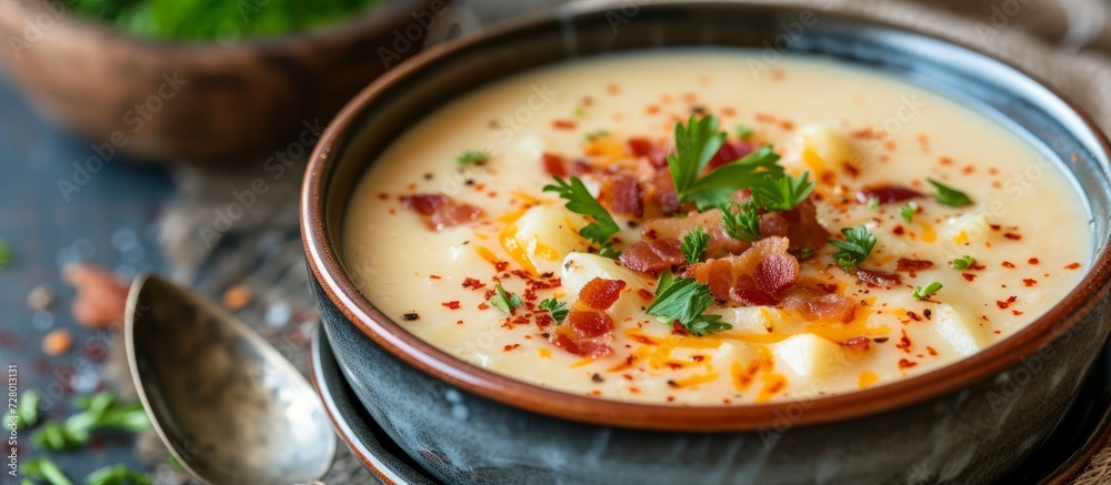 Delicious Potato Cream Soup with Bacon and Cheese - A Creamy, Cheesy, Potato-filled Delight Delicious Potato Cream Soup with Bacon and Cheese - A Creamy, Cheesy, Potato-filled Delight