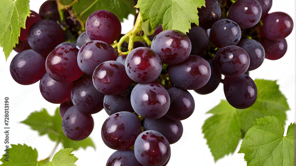 Fototapeta premium Red grape cluster with green leaves isolated on white background.