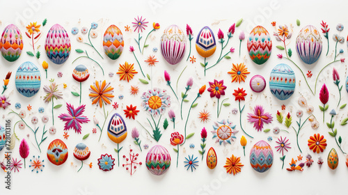 Vibrant embroidery banner of Easter decoration showcasing detailed stitch work