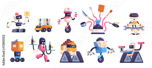 Retro bots. Futuristic robot work characters, internet game toy transformer bot for cooking or mail robotic technology, funny computer friendly machine, classy vector illustration