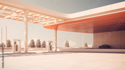 Sunlit petrol station with Peach Fuzz color, minimalist background
