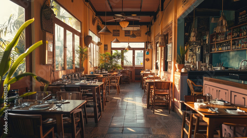 Warm Bali sunlight cafe interior with Peach Fuzz color walls  maximalist design
