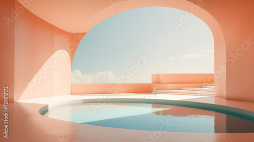 Coastal architecture with Peach Fuzz color Walls, minimalist background © Top AI images