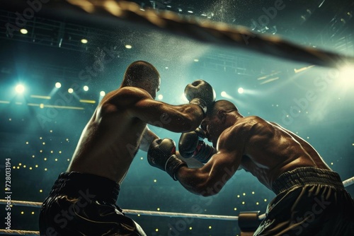 Intense boxing match in a ring with dynamic lighting and crowd © Bijac