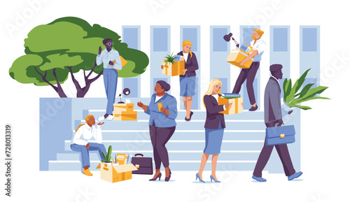 A crowd of various laid-off workers on the steps of a building. Holds boxes of papers with personal belongings. Business and work crisis concept. Vector flat illustration