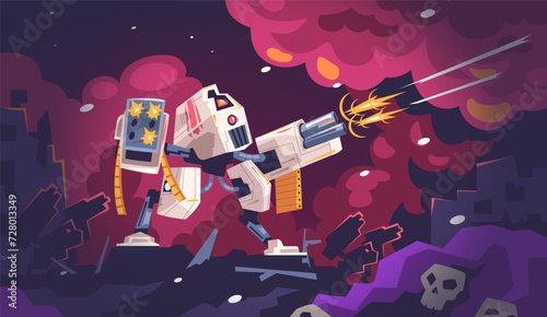 Robot battle. Alien robots war, mech warrior battling future cartoon space game, strong military hero with army weapon, cyborg armor soldier