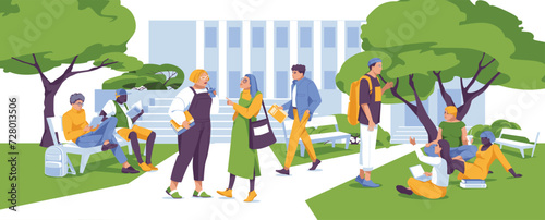 A crowd of students on the campus lawn. Diversity people. College and education. Flat vector illustration © Maria