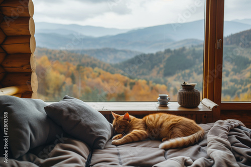 cozy bedroom interior with fireplace and large panoramic windows in cabin with mountain views