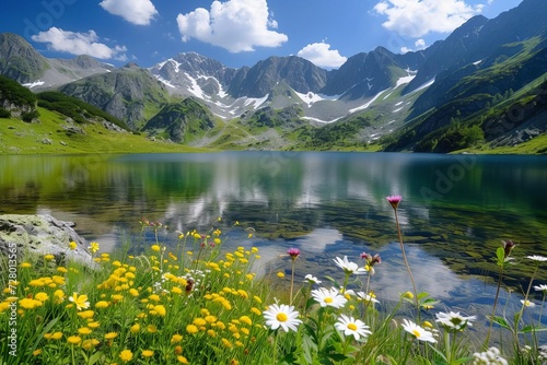 Majestic mountain landscape with a crystal-clear lake and wildflowers