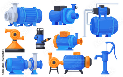 Water compressor pumps. Industrial pump irrigator machinery parts, wastewater oil pumping electric motor plumbing system equipment for sewage cleaning, set neat vector illustration