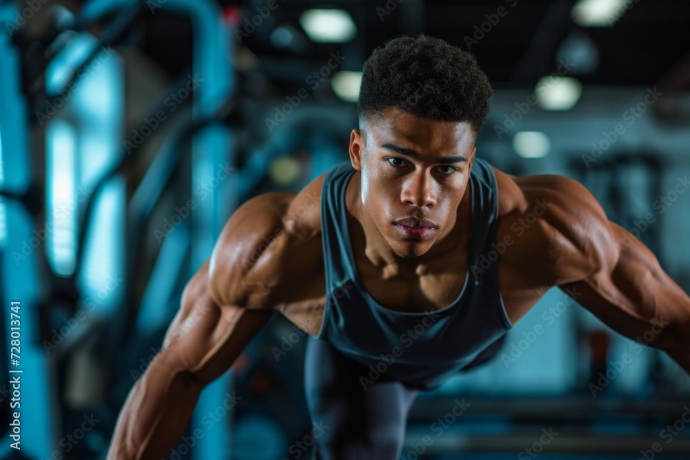 Male model working out in a high-tech gym Showcasing fitness and determination With focus on athletic wear Male model working out in a high-tech gym Showcasing fitness and determination With focus on athletic wear