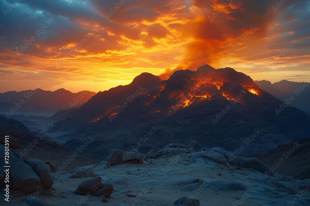 Mount sinai enveloped in divine fire Depicting the power and holiness of god
