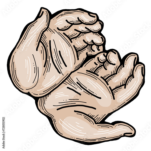 Open hands to care about important things. Background to show, offer and hold product. Magic palmistry prediction by two palms. Hand drawn retro vintage illustration. Old style tattoo line drawing.