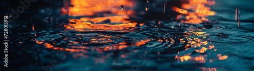 panorama of reflection of water droplets in a puddle with warm light © Helfin
