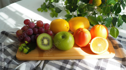 Variety of fresh fruits including grapes  kiwi  apples  and citrus on a bamboo cutting board in natural sunlight  with green foliage background.