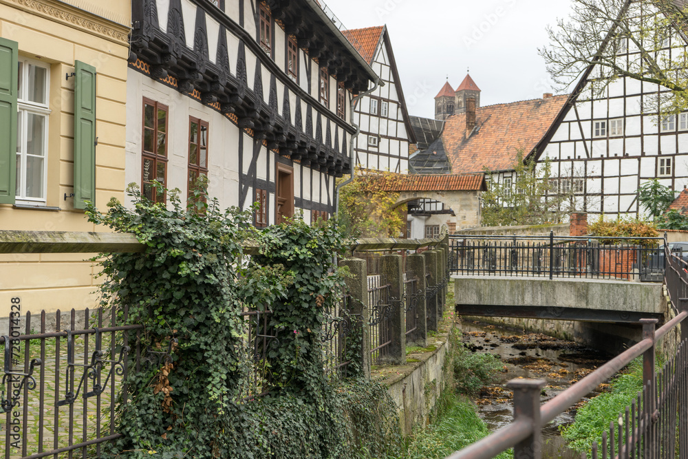 Half-timbered houses and bridge at Mühlgraben in Quedlinburg, Saxony-Anhalt, Germany Half-timbered houses and bridge at Mühlgraben in Quedlinburg, Saxony-Anhalt, Germany
