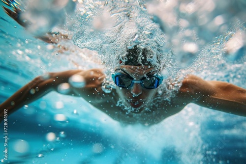 Underwater view of a swimmer in a pool during a competitive race