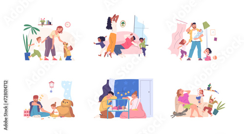 Tired parents. Parental stress, busy sleepy parent and naughty children home parenting routine exhausted dad depressed mother and adhd disobedient kids, classy vector illustration © ssstocker
