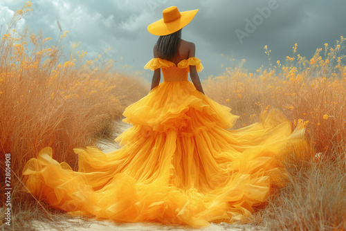 An elegant girl in an airy yellow dress and hat poses in the fields photo
