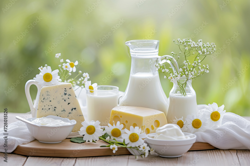 Composition of artistic arrangement with different dairy products cheese and milk, June, National Dairy Month
