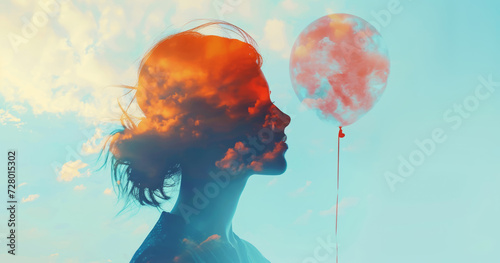 Double exposure of a businesswoman holding a balloon and a cloud. 