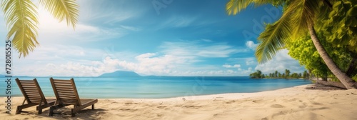 Tropical beach background with sun loungers and palm trees © brillianata