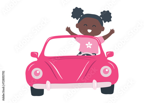 Cute black girl in a pink car. Child smiles and waves his hand. Girl rides in a toy retro car. Vector illustration
